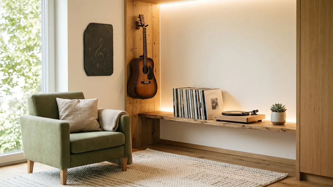 Gemütliches Musikzimmer mit Gitarre, Holzregal, Schieferdeko an der Wand und warmem Licht