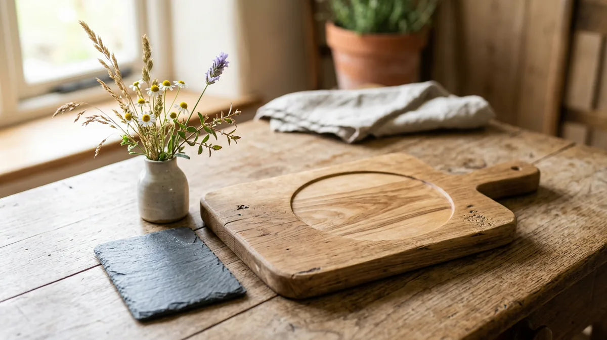 Holzbrett mit Schieferplatte und Blumen als Motiv für ein Hochzeitsgeschenk