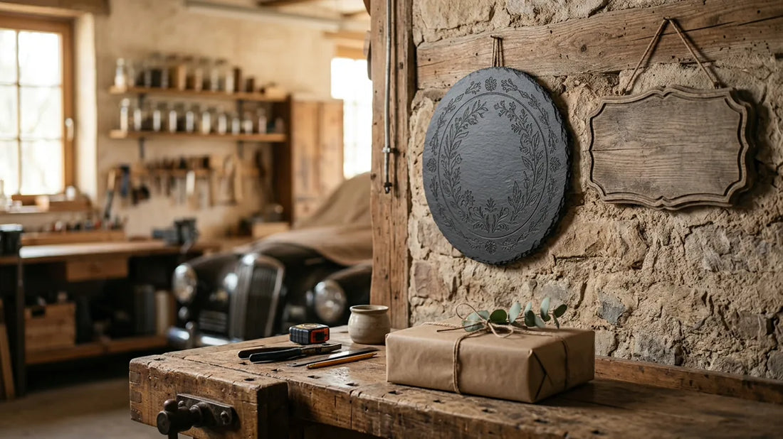 Garage mit Schieferplatte, Holzschild und Geschenk auf der Werkbank, dahinter ein Oldtimer