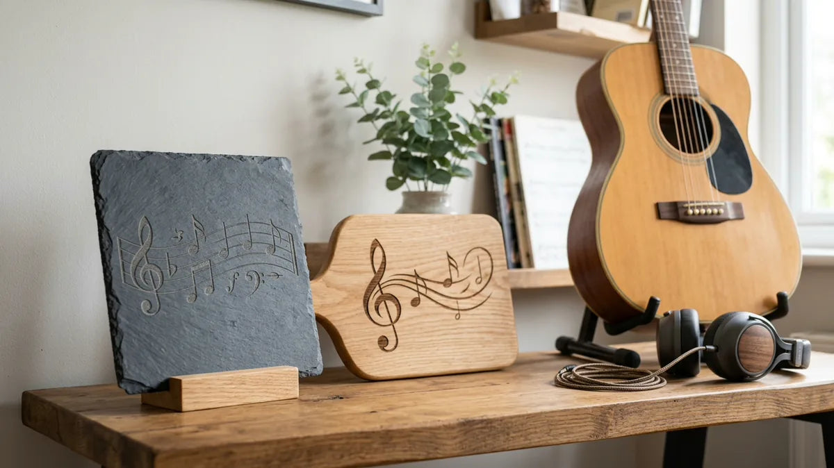 Gravierte Schieferplatte mit Notenmotiv neben einer Gitarre auf einem Holzregal