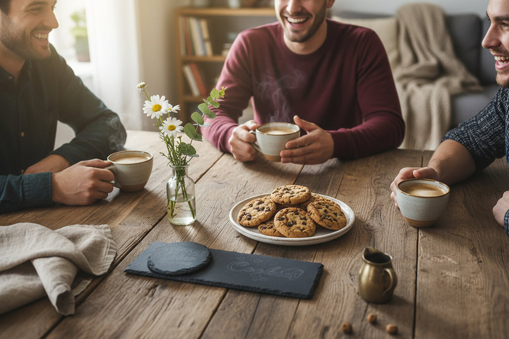Gemütlich zum Kaffee mit freunden scheferplatte graviert. auch als geschenk shr gut geeignet