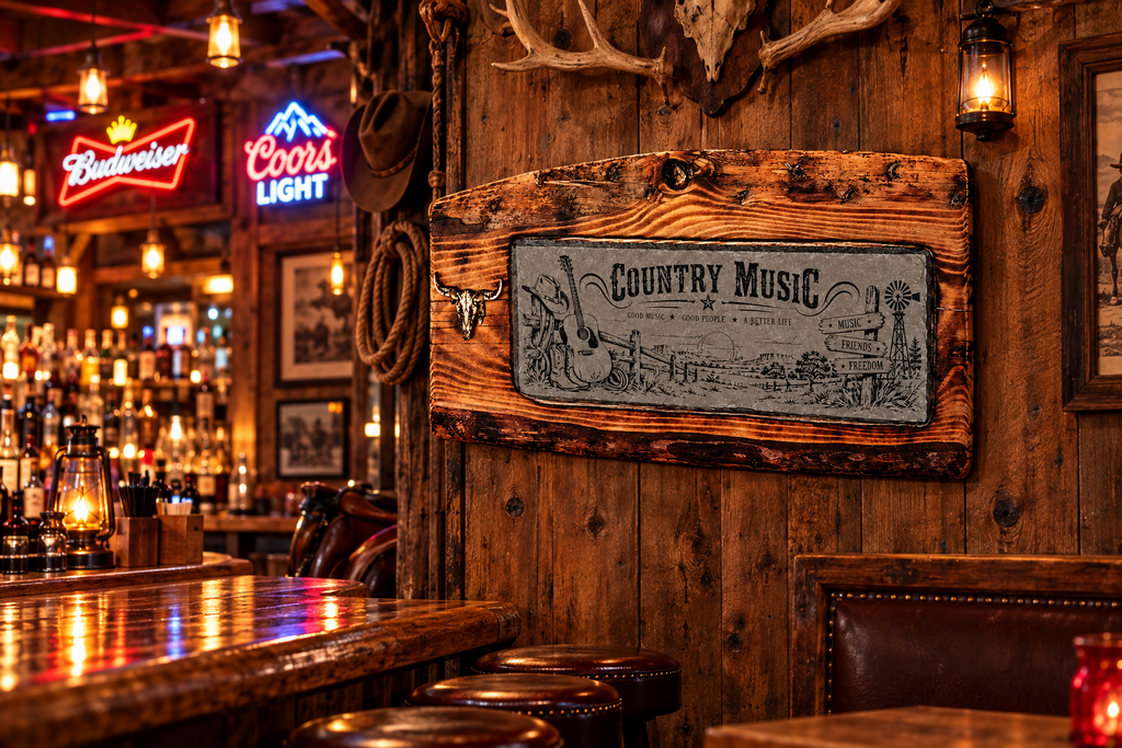 Country-Music-Wanddeko aus Fichtenholz und Schiefer mit hölzernem Bullenkopf an einer rustikalen Barwand