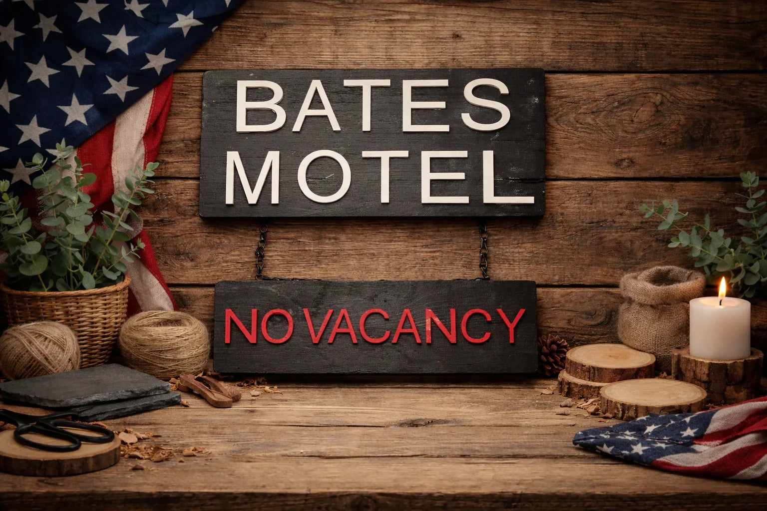 Holzschild,bates motel mit kette