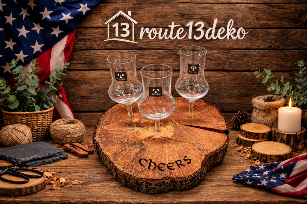 Haselnuss-Baumscheibe mit 3 Grappa-Gläsern – „Cheers“