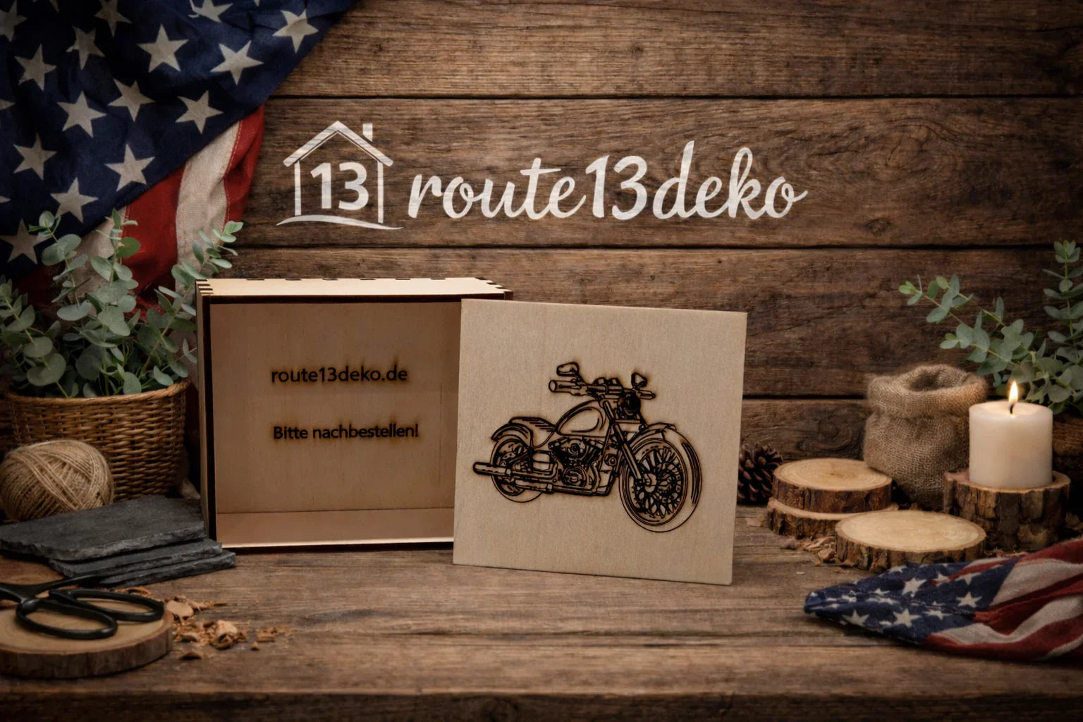 Holzbox mit Untersetzer, Motorrad Gravur, rustikales Dekor, handgefertigt, Epoxidharz