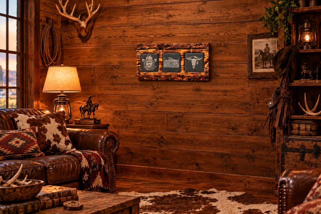 🐂 Fichtenholz-Brett mit 3 eingelassenen Schieferplatten – Western & American Style
