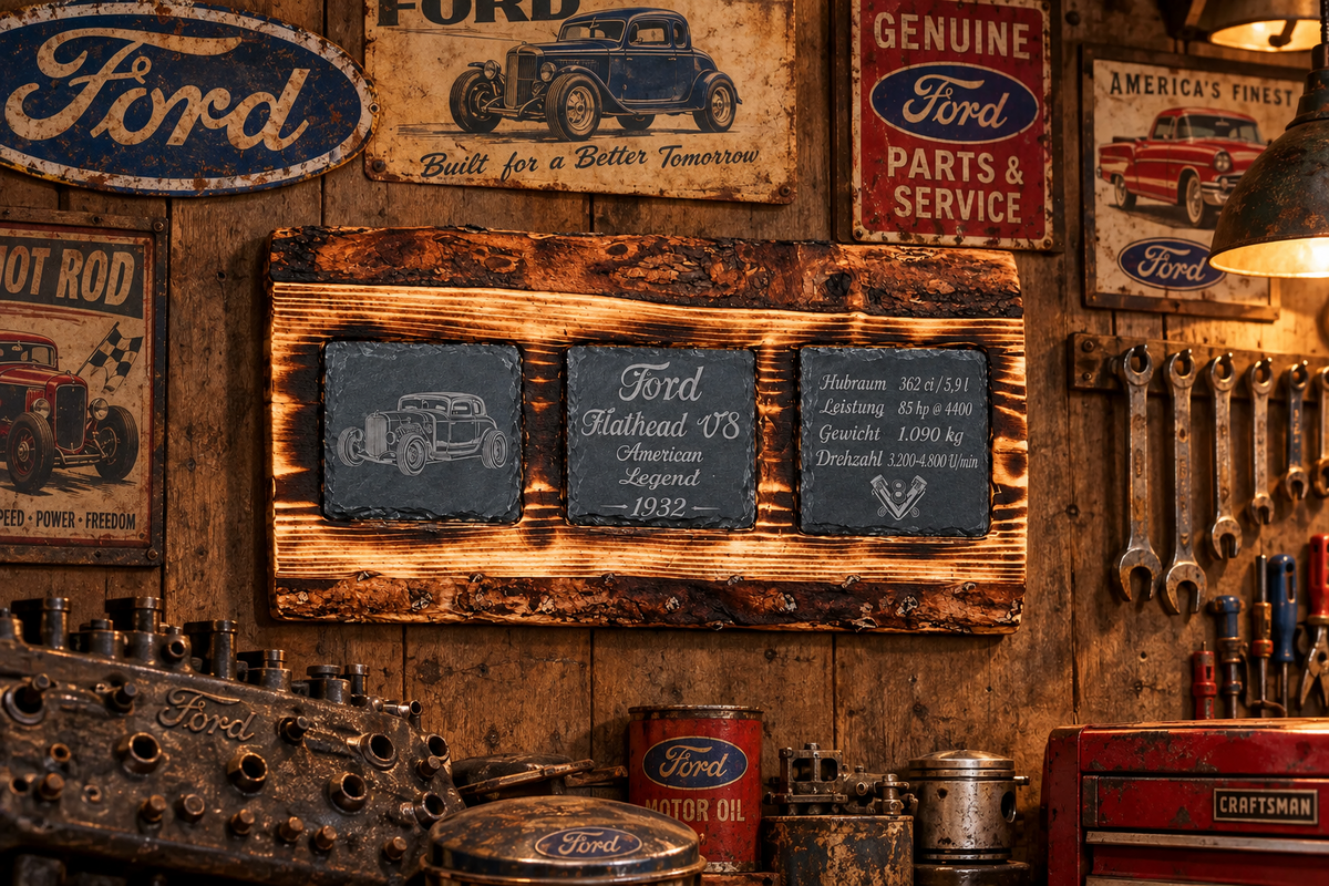 Holzschild aus Fichte mit 3 gravierten Schieferplatten-Ford Flathead