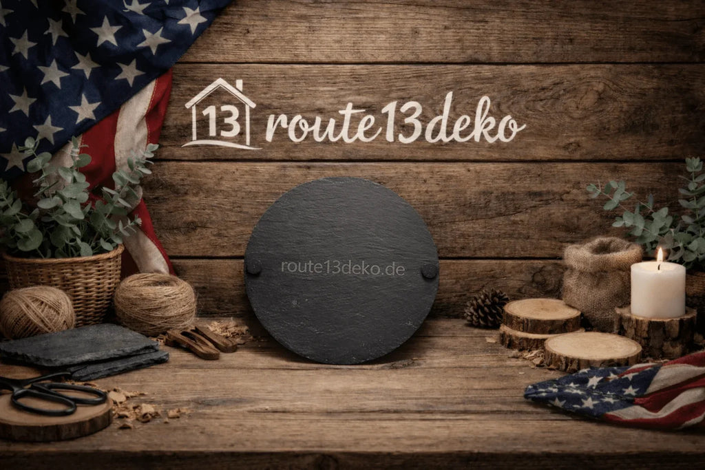 Runde Schieferplatte als dekorative Wohnaccessoire auf rustikalem Holztisch mit Naturdeko. Rückseite