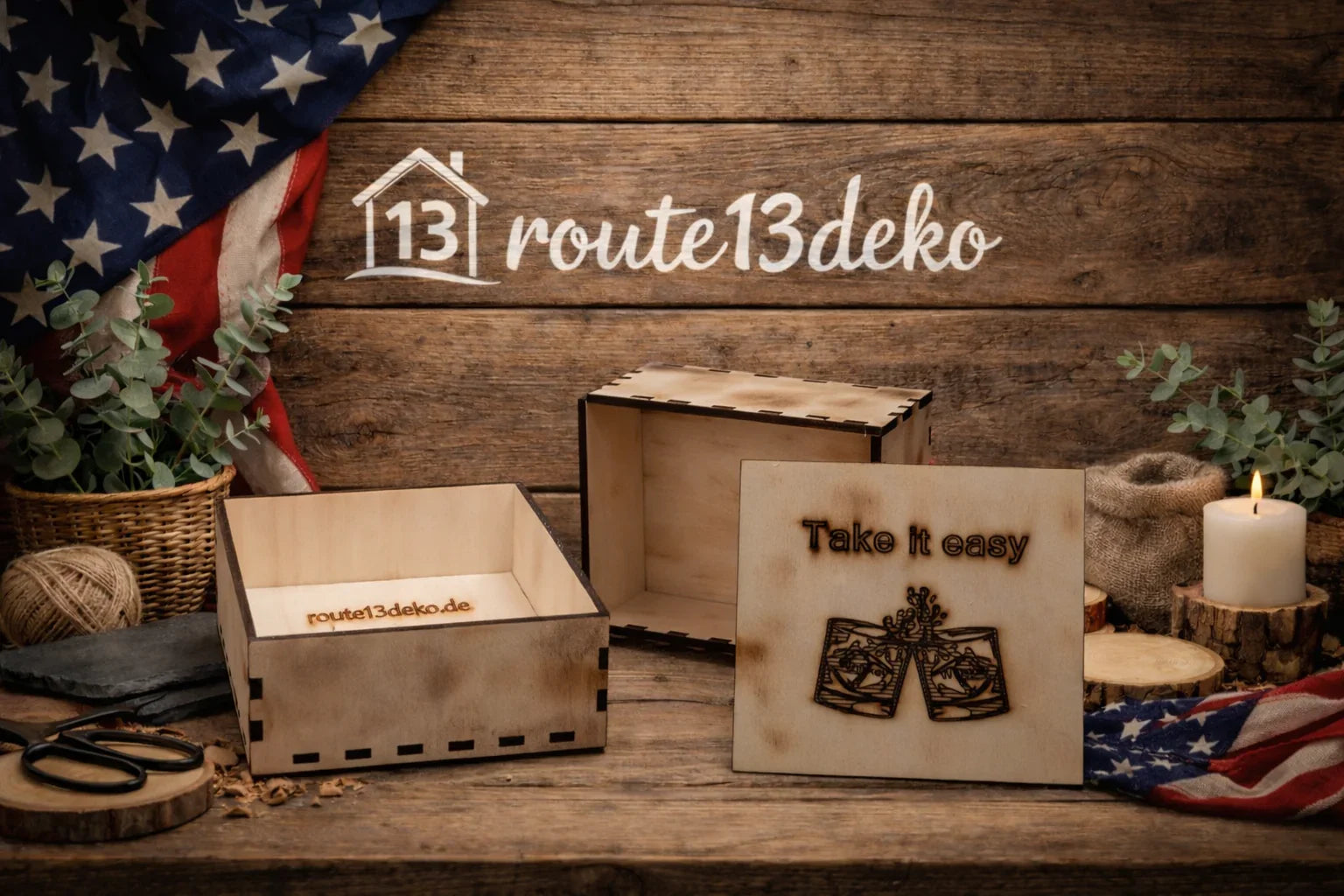Handgemachte Holzbox mit Gravur 'Take it easy', rustikales Dekor, Geschenkidee