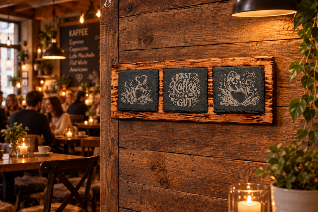 Holzbrett mit 3 gravierten Schieferplatten – Kaffee-Motive