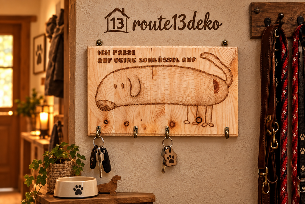 🐶 Schlüsselboard aus Kiefernholz – Langer Hund