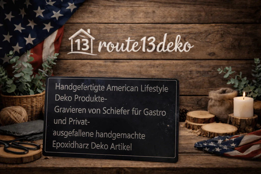 Handgefertigte Schiefer Deko, gravierte Tafel, Holz, Epoxidharz, rustikaler Hintergrund
