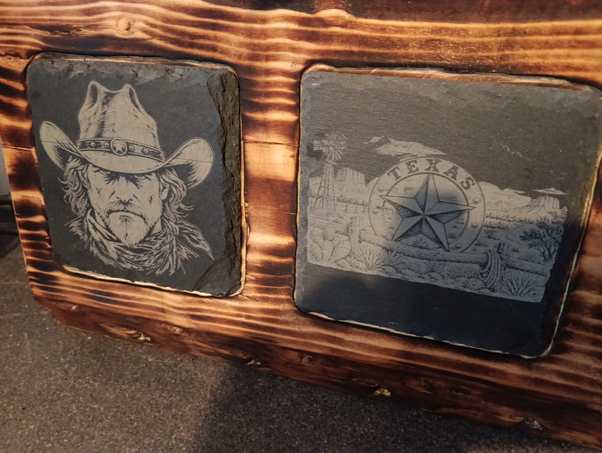 🐂 Fichtenholz-Brett mit 3 eingelassenen Schieferplatten – Western & American Style
