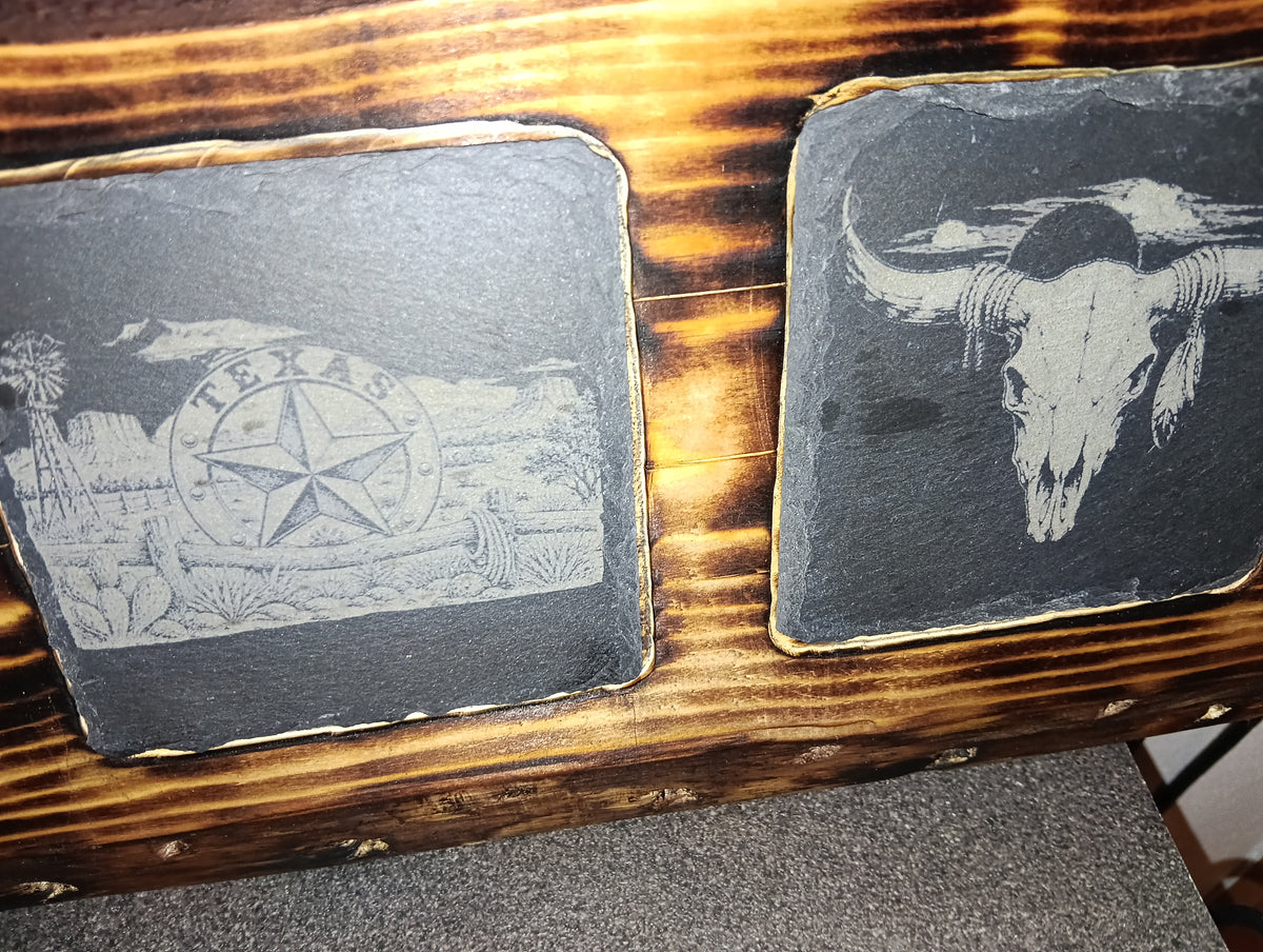🐂 Fichtenholz-Brett mit 3 eingelassenen Schieferplatten – Western & American Style