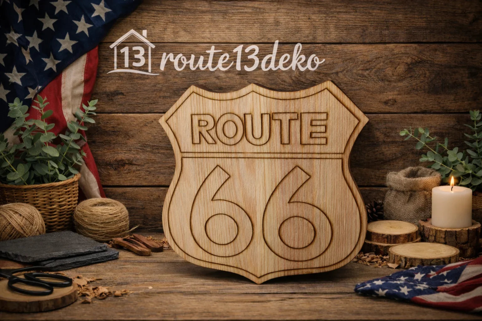 Holzschild Route 66, Naturholz, handgefertigte Wohndeko, rustikaler Hintergrund, USA-Deko