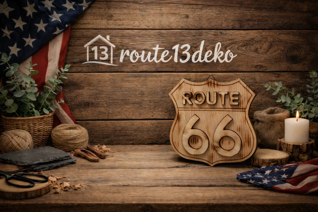 Holzschild Route 66 als 3D Wanddeko, rustikaler Hintergrund, Kerze und Stilelemente