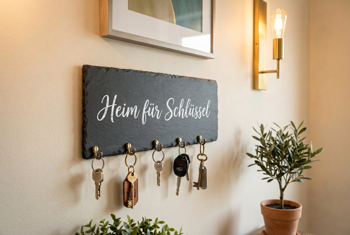 Schwarzes Schiefer-Schlüsselboard mit fünf Schlüsselhaken vor rustikaler Holzoptik, personalisierbar mit individuellem Wunschtext.